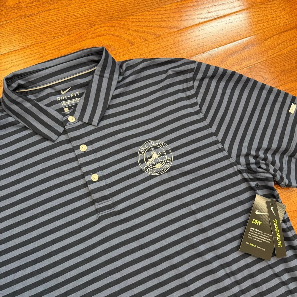 New Nike Golf Long Island Golf Junkies Polo Shirt Mens Large Blue Striped